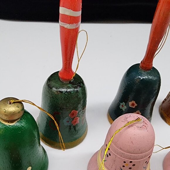 Vintage Lot of 14  Wooden Christmas Bell Hanging Ornaments Set - Picture 5 of 8